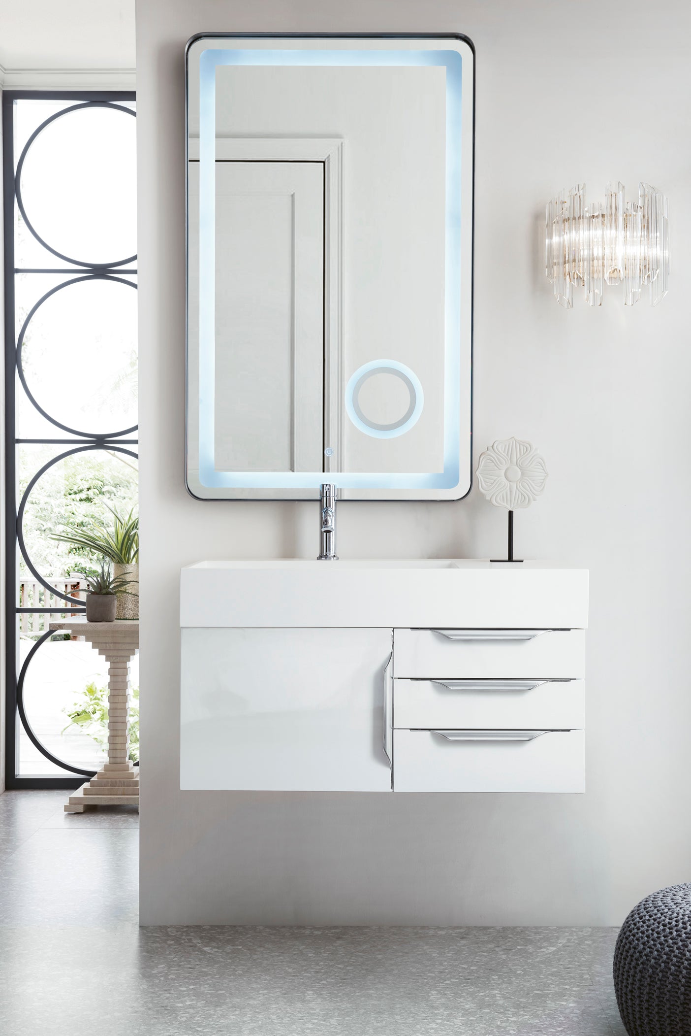 Columbia 36" Single Wall Mount Vanity, Glossy White, Brushed Nickel w/ Glossy White Composite Stone Top