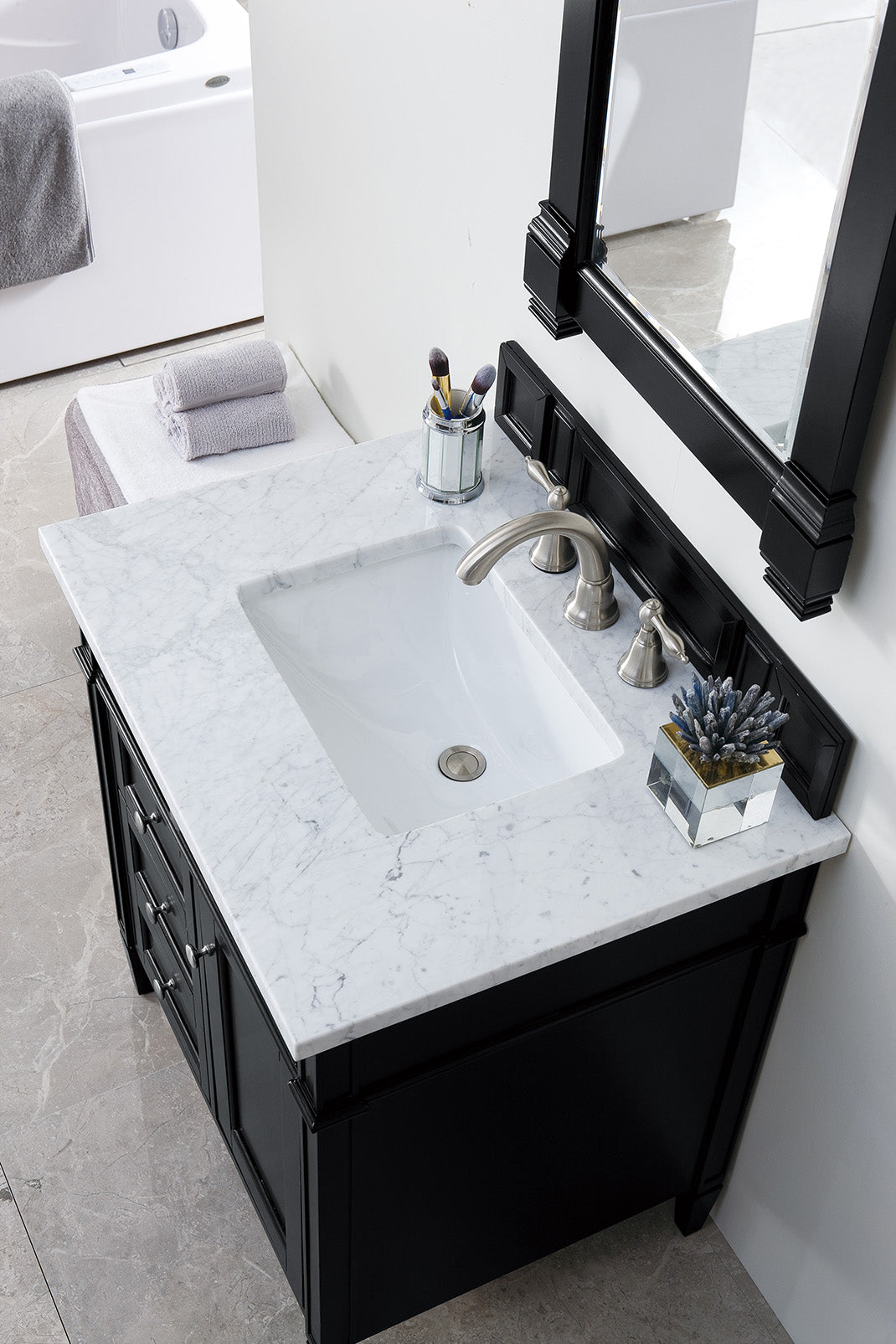 Brittany 30" Single Vanity, Black Onyx w/ 3 CM Carrara Marble Top