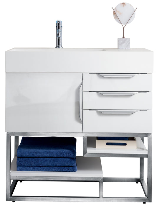 Columbia 36" Single Vanity, Glossy White, Brushed Nickel w/ Glossy White Composite Stone Top