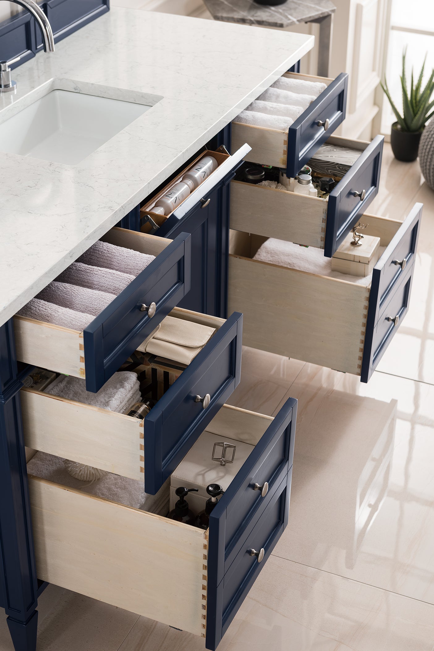 Brittany 60" Single Vanity, Victory Blue w/ 3 CM Eternal Jasmine Pearl Silestone Top