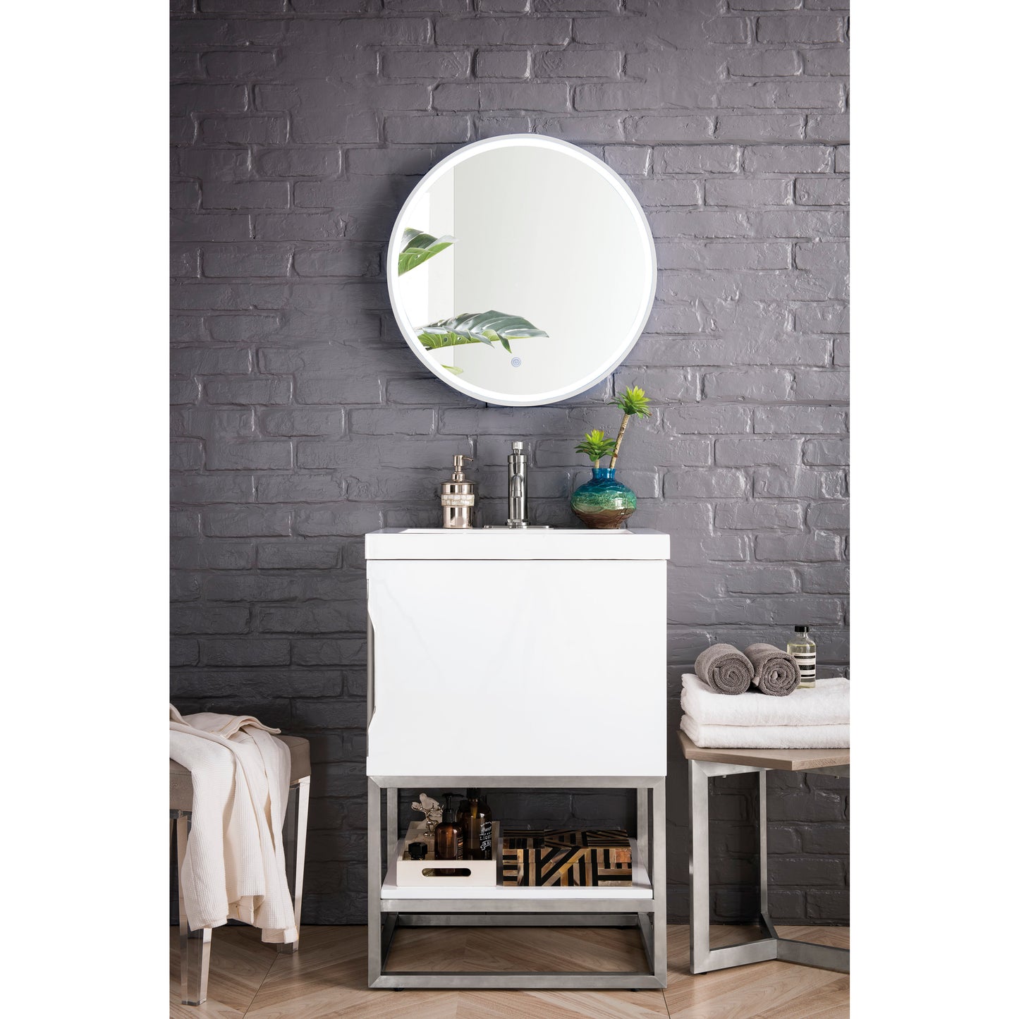 Columbia 24" Single Vanity, Glossy White, Brushed Nickel w/ White Glossy Composite Stone Top