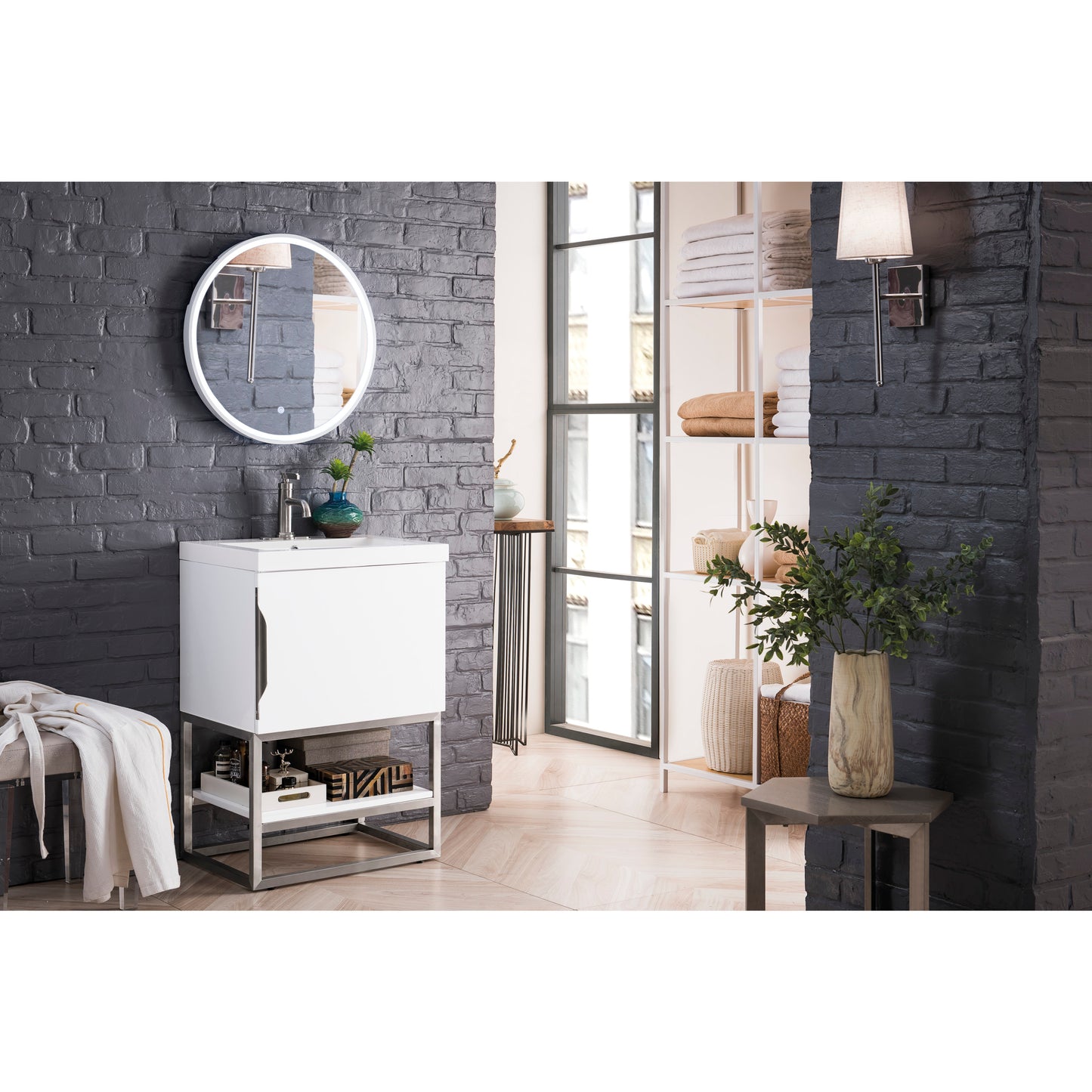 Columbia 24" Single Vanity, Glossy White, Brushed Nickel w/ White Glossy Composite Stone Top