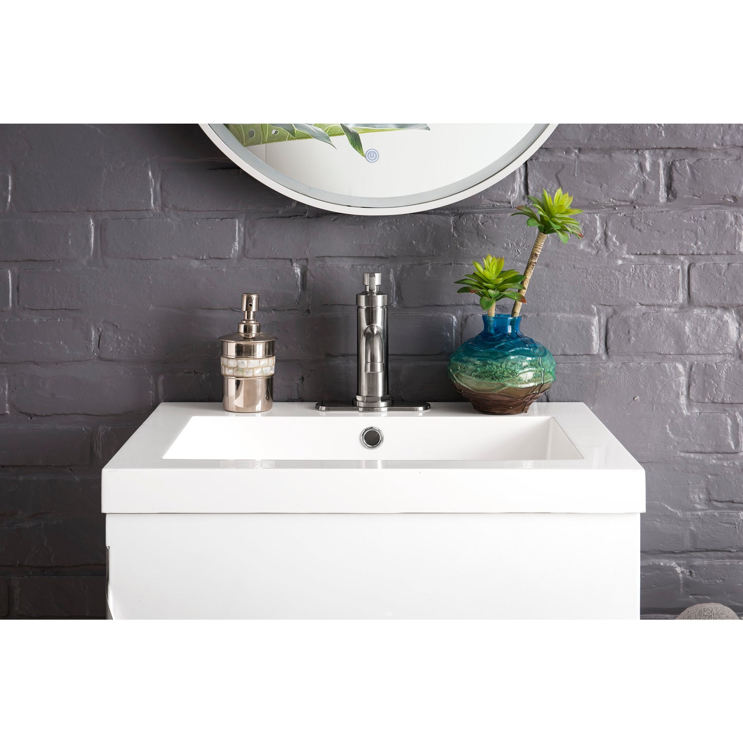 Columbia 24" Single Vanity, Glossy White, Brushed Nickel w/ White Glossy Composite Stone Top