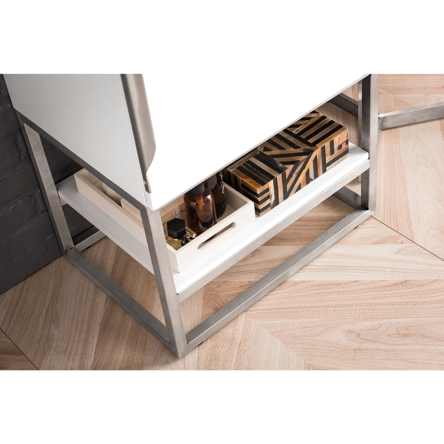 Columbia 24" Single Vanity, Glossy White, Brushed Nickel w/ White Glossy Composite Stone Top