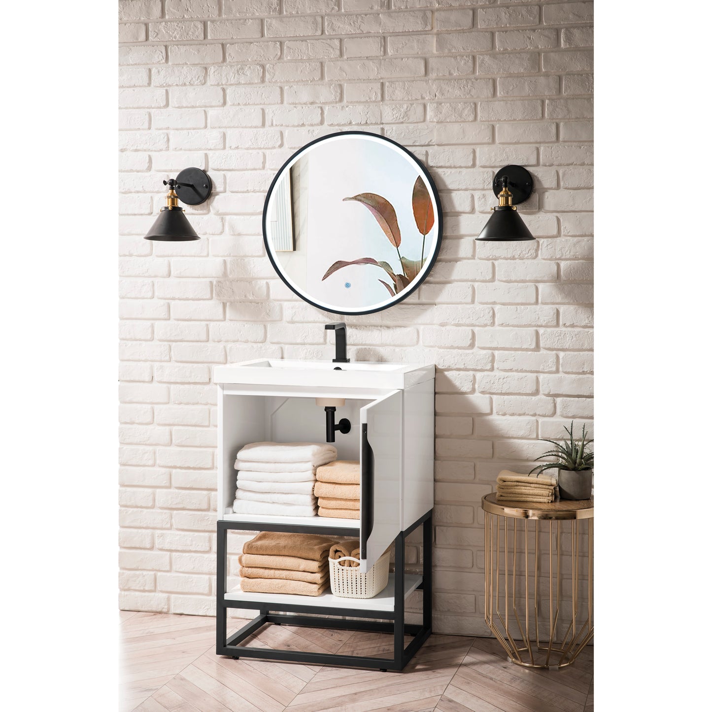 Columbia 24" Single Vanity, Glossy White, Matte Black w/ White Glossy Composite Stone Top