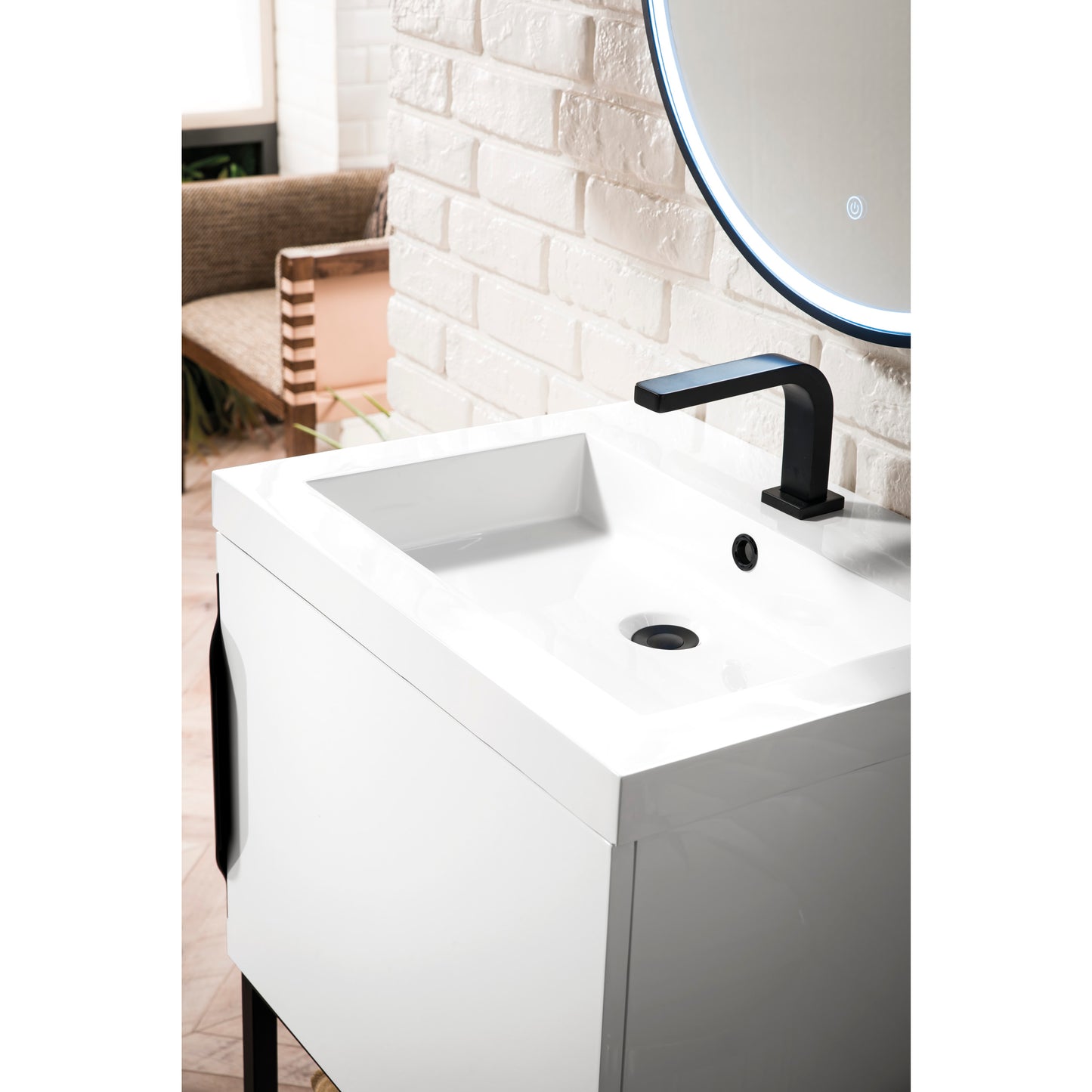 Columbia 24" Single Vanity, Glossy White, Matte Black w/ White Glossy Composite Stone Top
