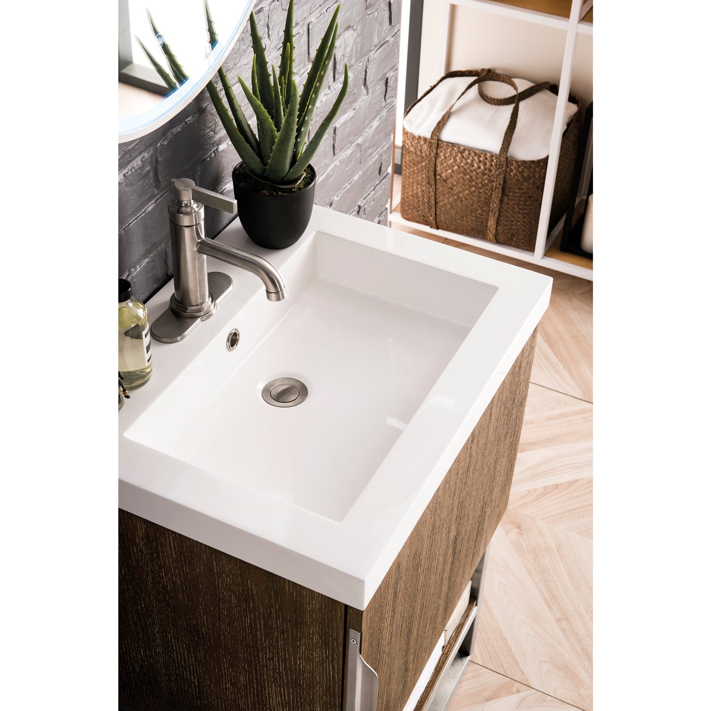 Columbia 24" Single Vanity, Latte Oak, Brushed Nickel w/ White Glossy Composite Stone Top