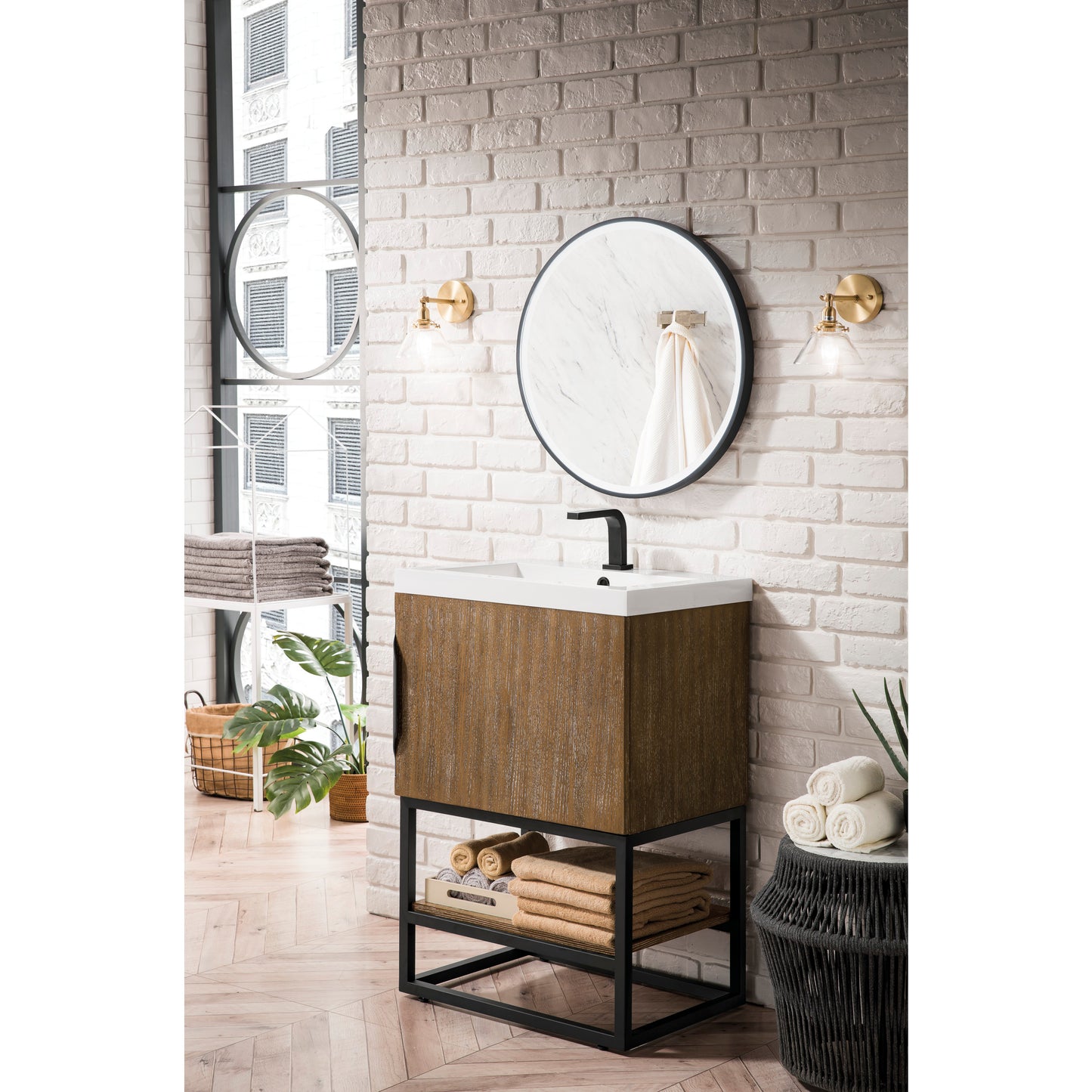 Columbia 24" Single Vanity, Latte Oak, Matte Black w/ White Glossy Composite Stone Top