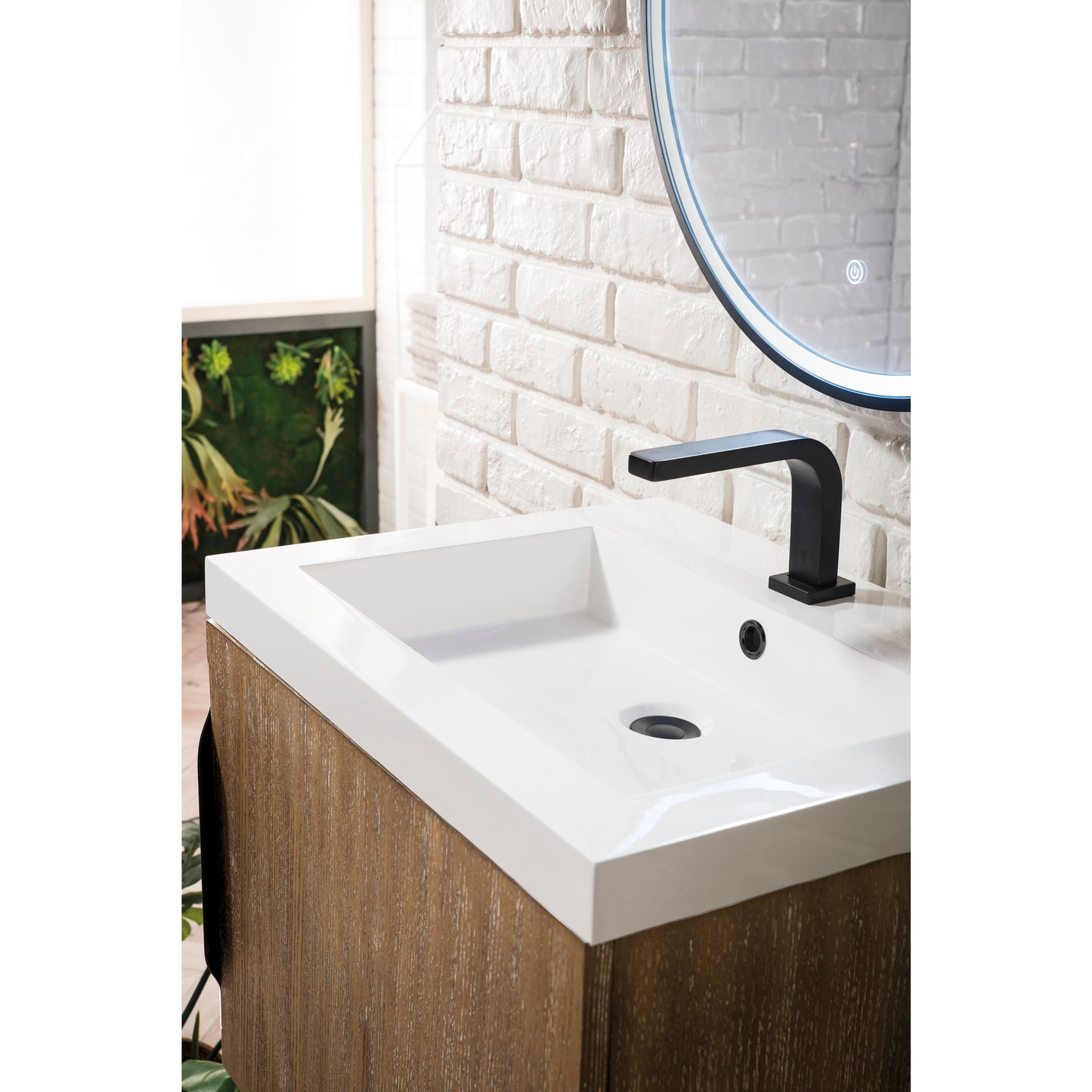 Columbia 24" Single Vanity, Latte Oak, Matte Black w/ White Glossy Composite Stone Top