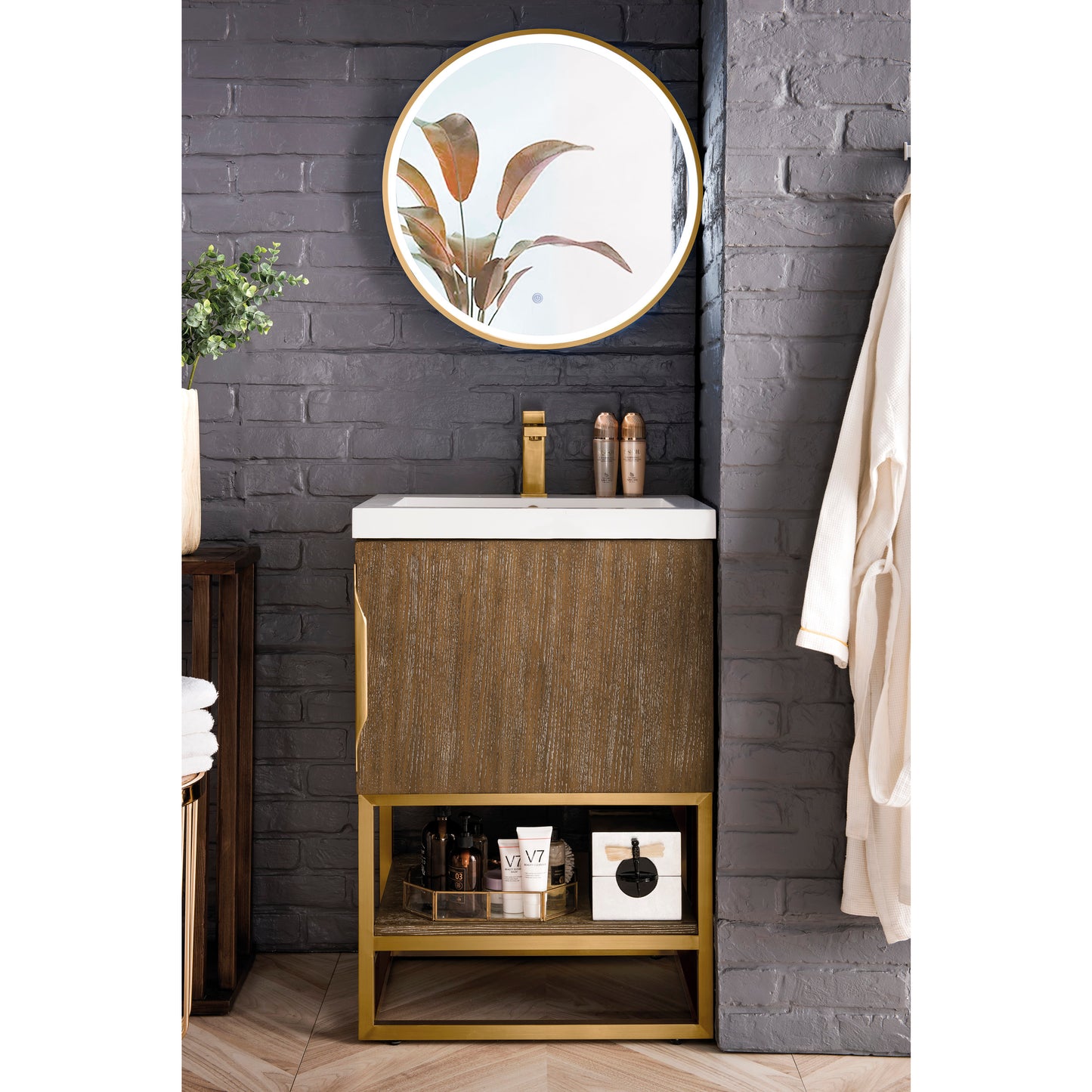 Columbia 24" Single Vanity, Latte Oak, Radiant Gold w/ White Glossy Composite Stone Top