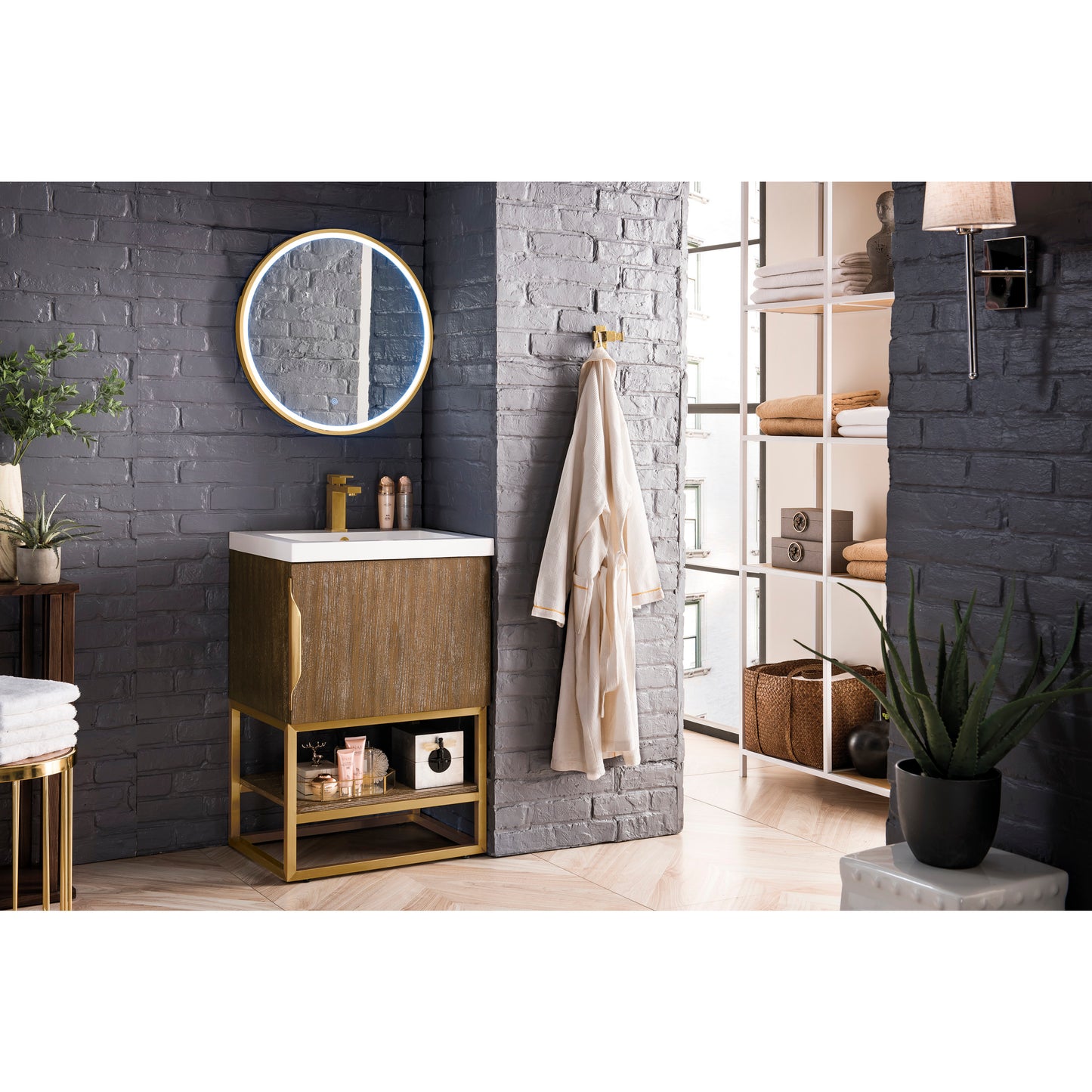 Columbia 24" Single Vanity, Latte Oak, Radiant Gold w/ White Glossy Composite Stone Top