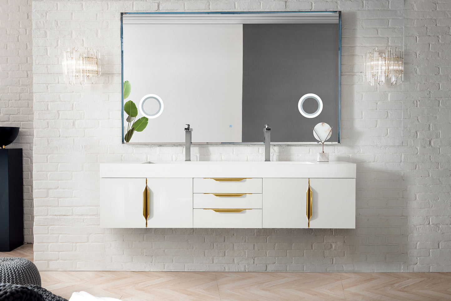 Columbia 72" Double Wall Mount Vanity, Glossy White, Radiant Gold w/ Glossy White Composite Stone Top