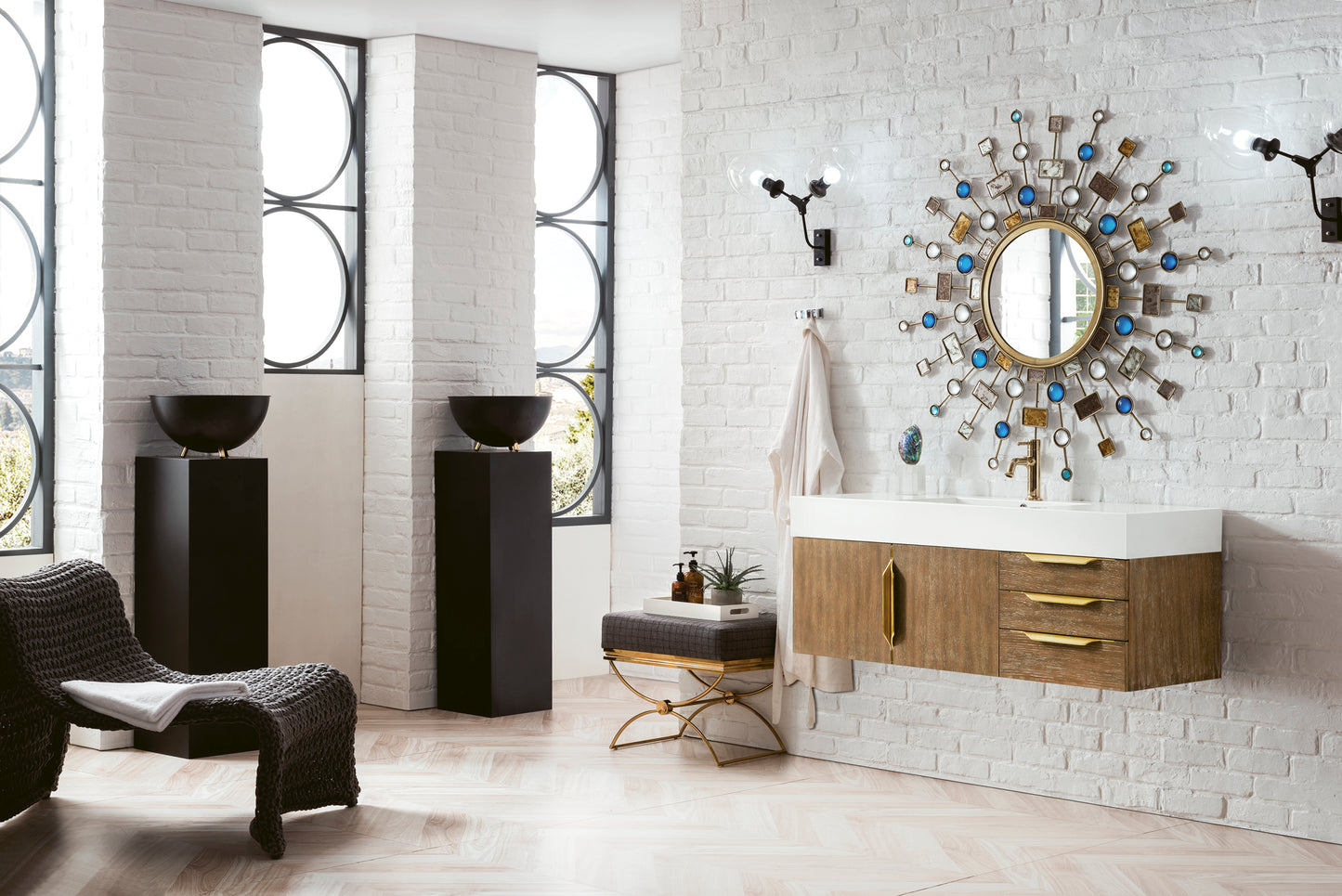 Columbia 48" Single Wall Mount Vanity, Latte Oak, Radiant Gold w/ Glossy White Composite Stone Top
