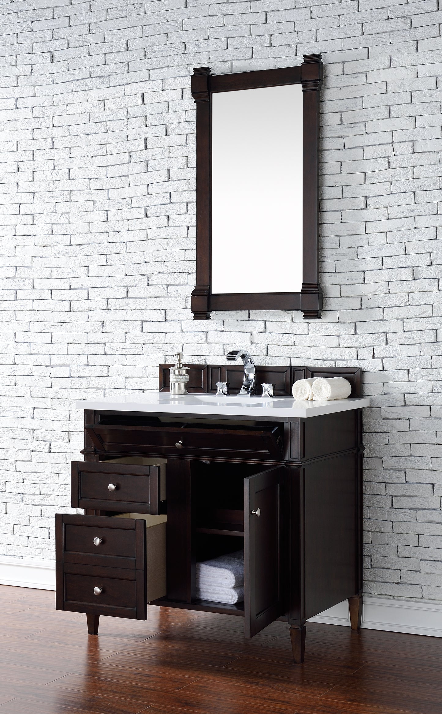 Brittany 36" Single Vanity, Burnished Mahogany w/ 3 CM White Zeus Silestone Top