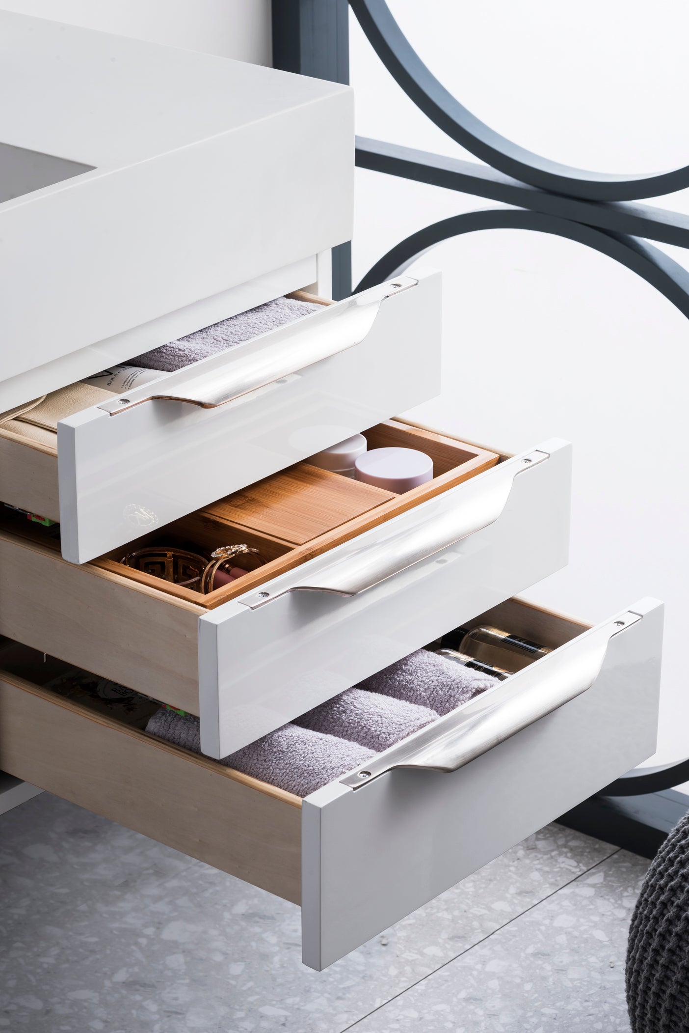 Columbia 36" Single Wall Mount Vanity, Glossy White, Brushed Nickel w/ Glossy White Composite Stone Top