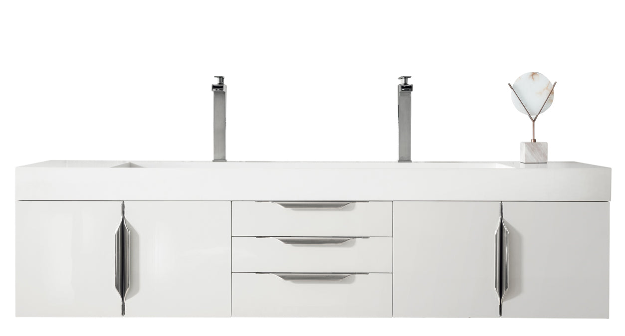 Columbia 72" Double Wall Mount Vanity, Glossy White, Brushed Nickel w/ Glossy White Composite Stone Top