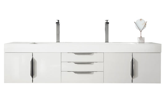 Columbia 72" Double Wall Mount Vanity, Glossy White, Brushed Nickel w/ Glossy White Composite Stone Top