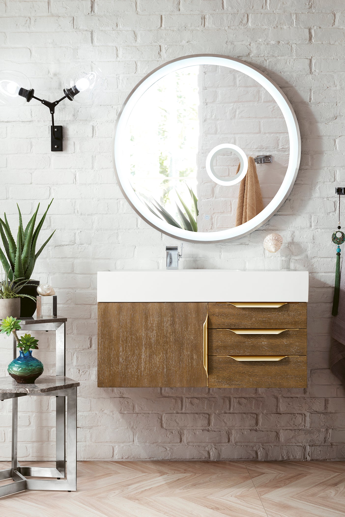 Columbia 36" Single Wall Mount Vanity, Latte Oak, Radiant Gold w/ Glossy White Composite Stone Top