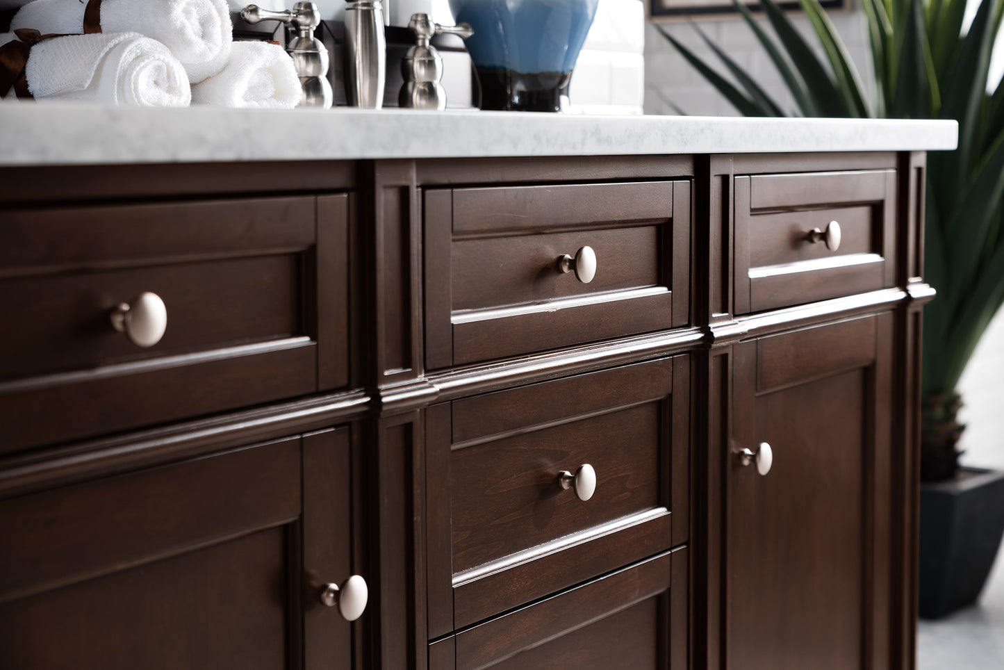 Brittany 60" Double Vanity, Burnished Mahogany w/ 3 CM Arctic Fall Solid Surface Top