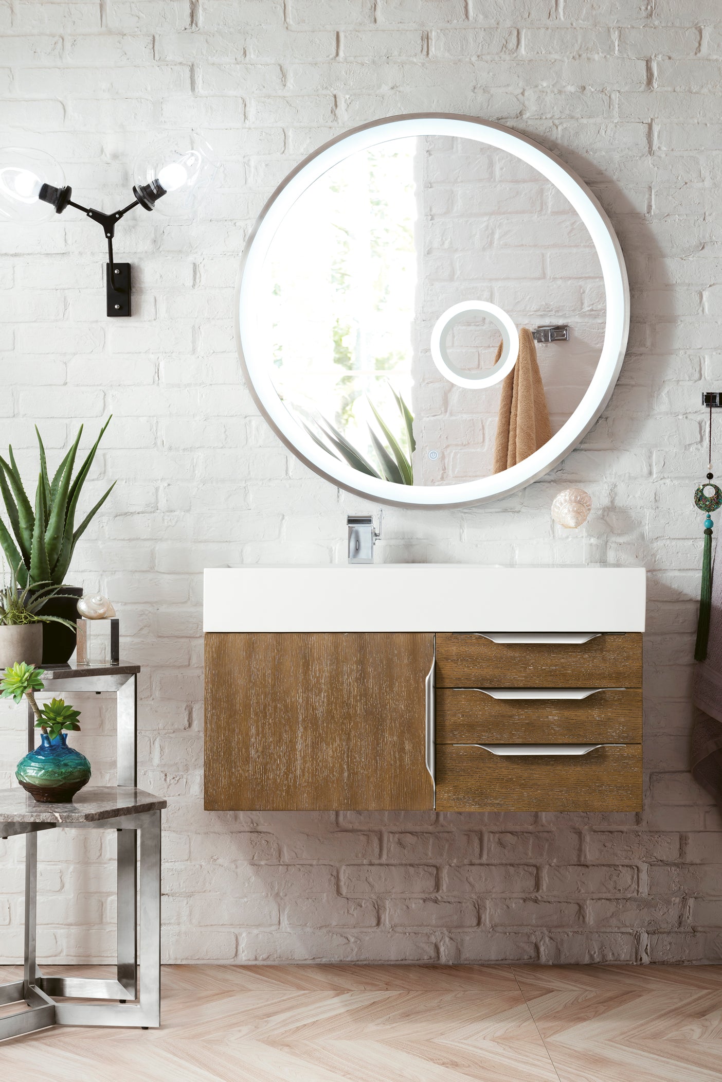Columbia 36" Single Wall Mount Vanity, Latte Oak, Brushed Nickel w/ Glossy White Composite Stone Top