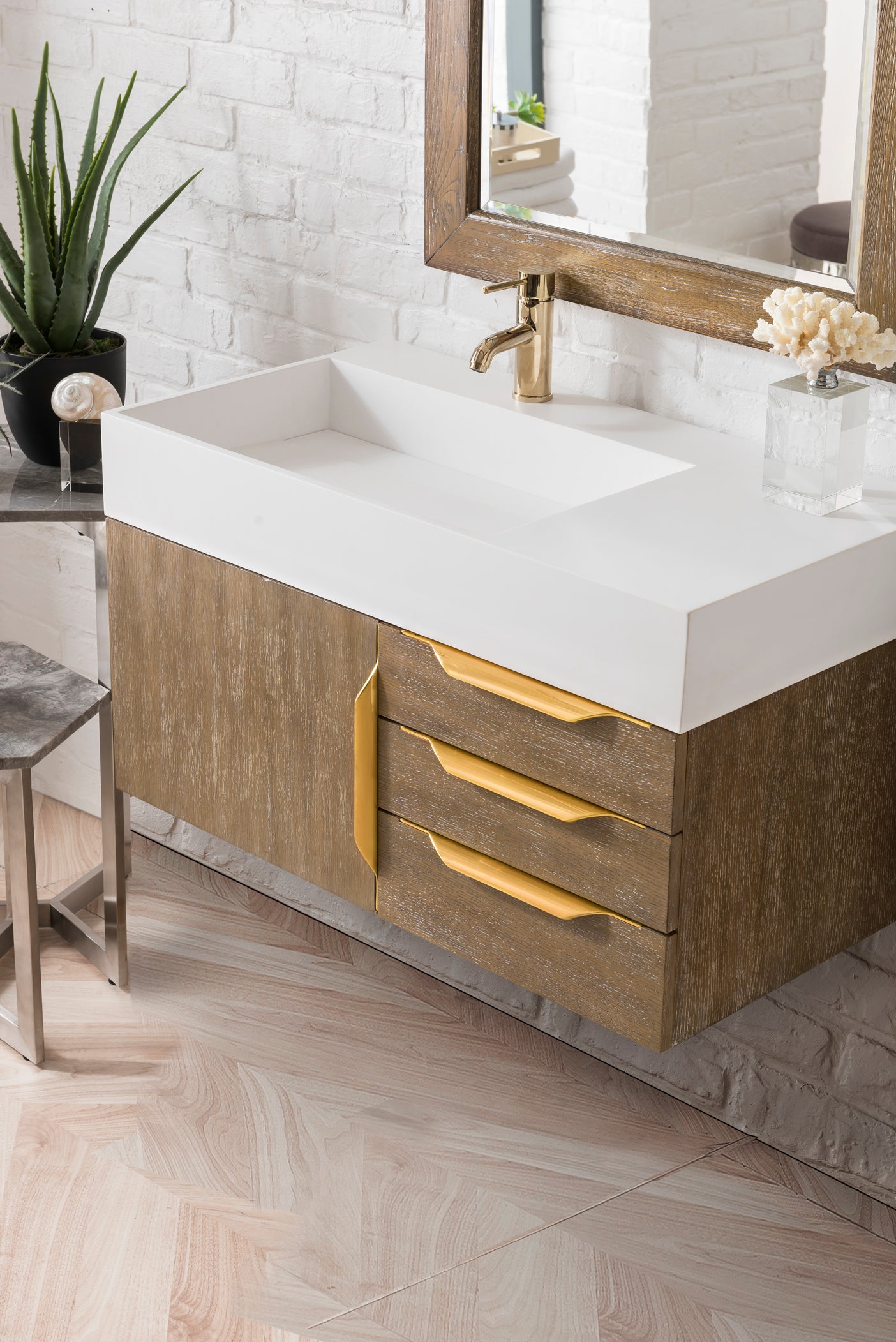 Columbia 36" Single Wall Mount Vanity, Latte Oak, Radiant Gold w/ Glossy White Composite Stone Top