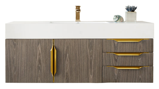 Columbia 48" Single Wall Mount Vanity, Ash Gray, Radiant Gold w/ Glossy White Composite Stone Top