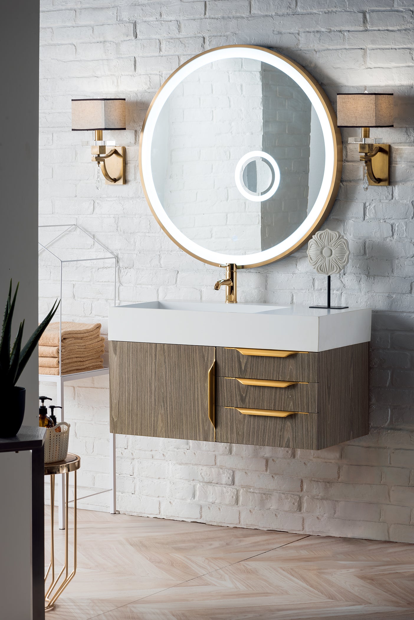 Columbia 36" Single Wall Mount Vanity, Ash Gray, Radiant Gold w/ Glossy White Composite Stone Top
