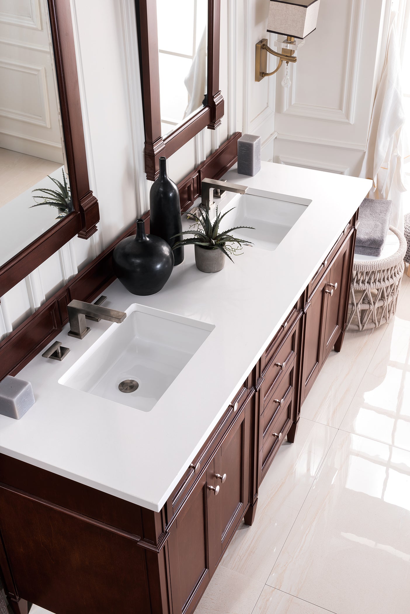 Brittany 72" Double Vanity, Burnished Mahogany w/ 3 CM White Zeus Silestone Top