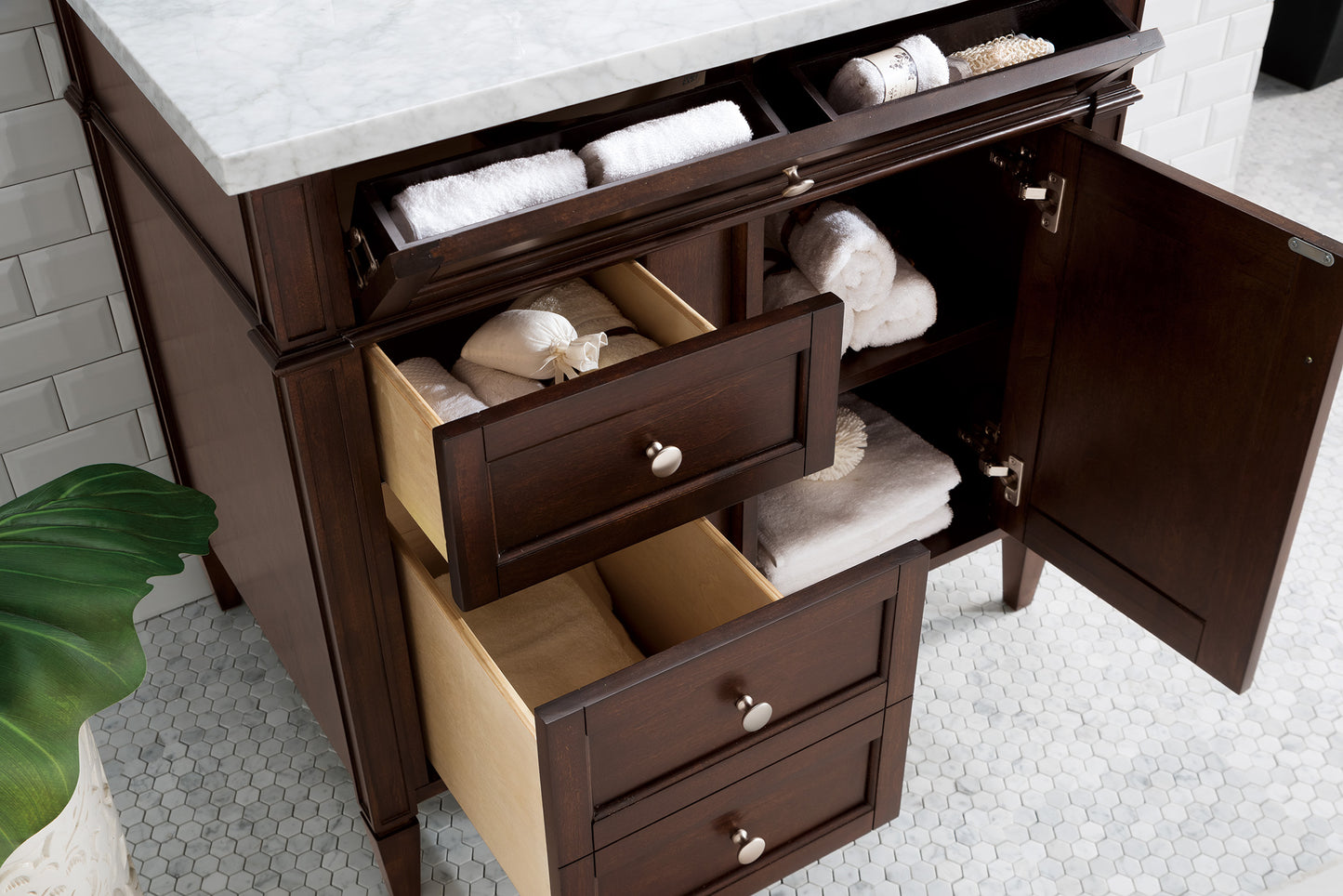 Brittany 36" Single Vanity, Burnished Mahogany w/ 3 CM Carrara Marble Top