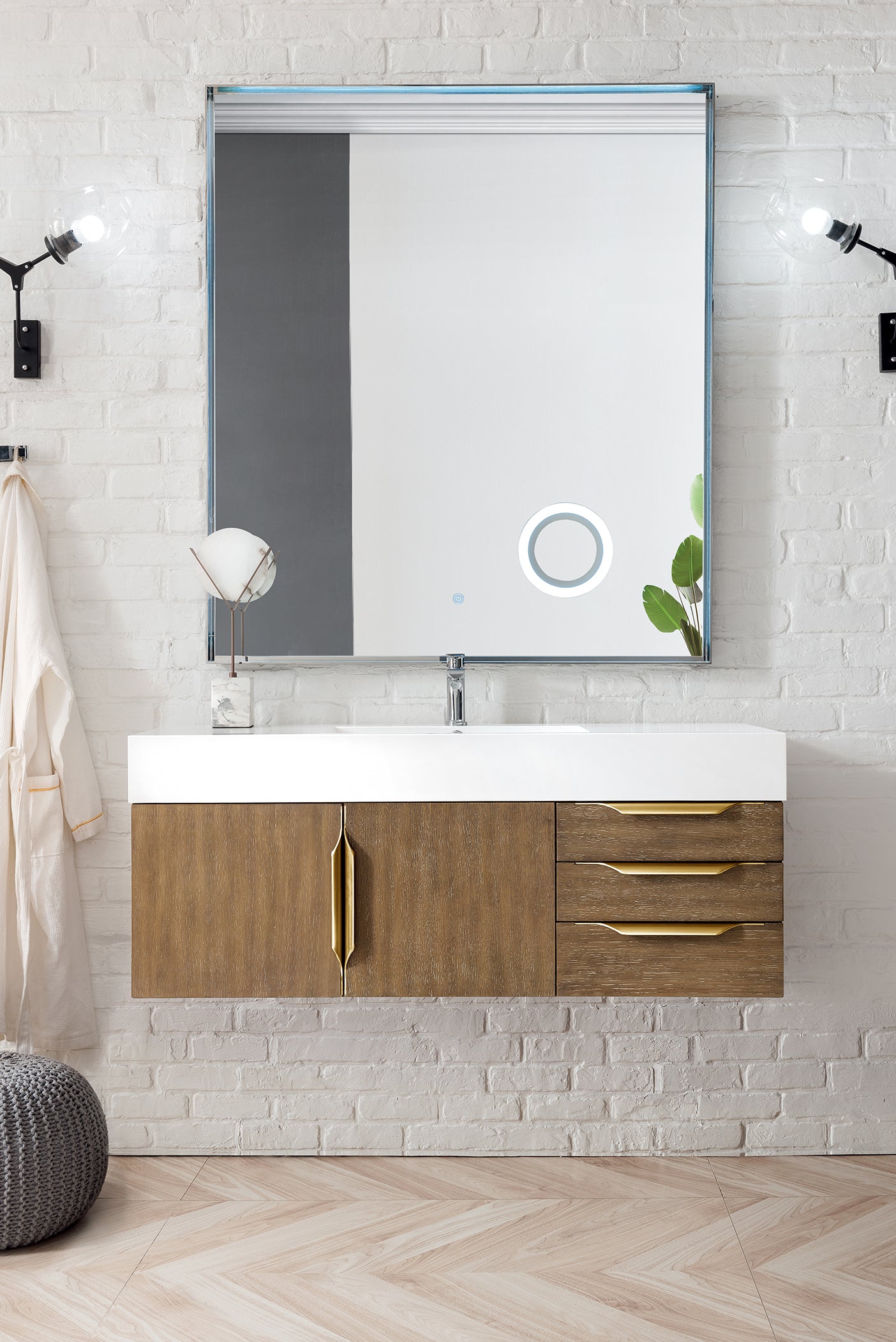 Columbia 48" Single Wall Mount Vanity, Latte Oak, Radiant Gold w/ Glossy White Composite Stone Top