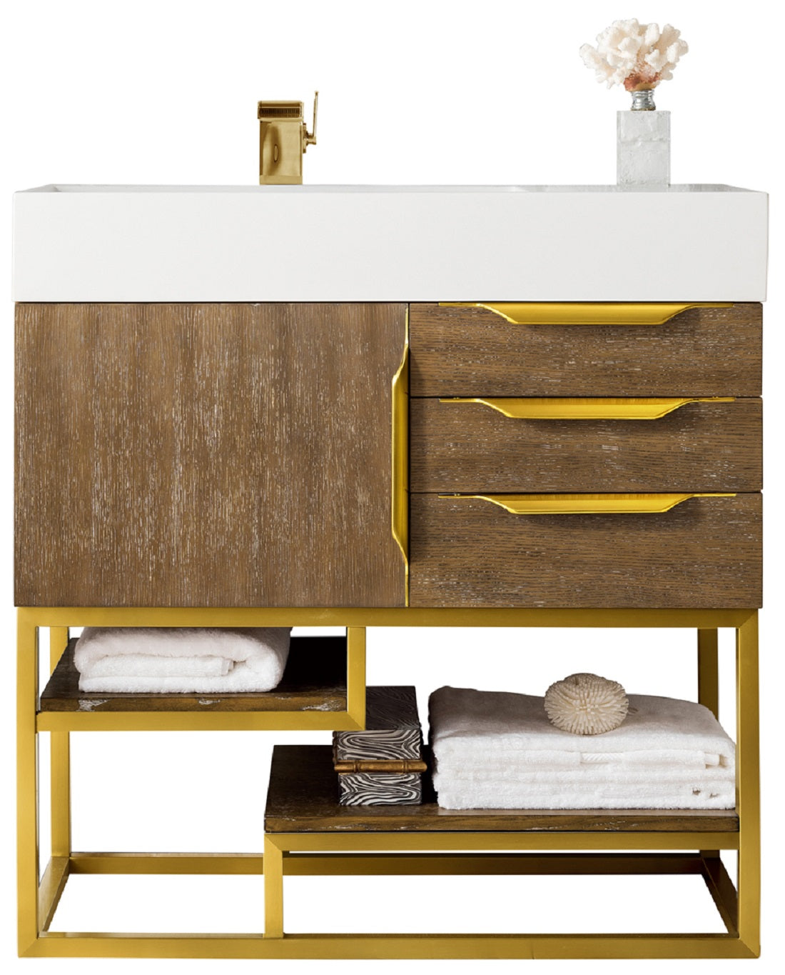 Columbia 36" Single Vanity, Latte Oak, Radiant Gold w/ Glossy White Composite Stone Top