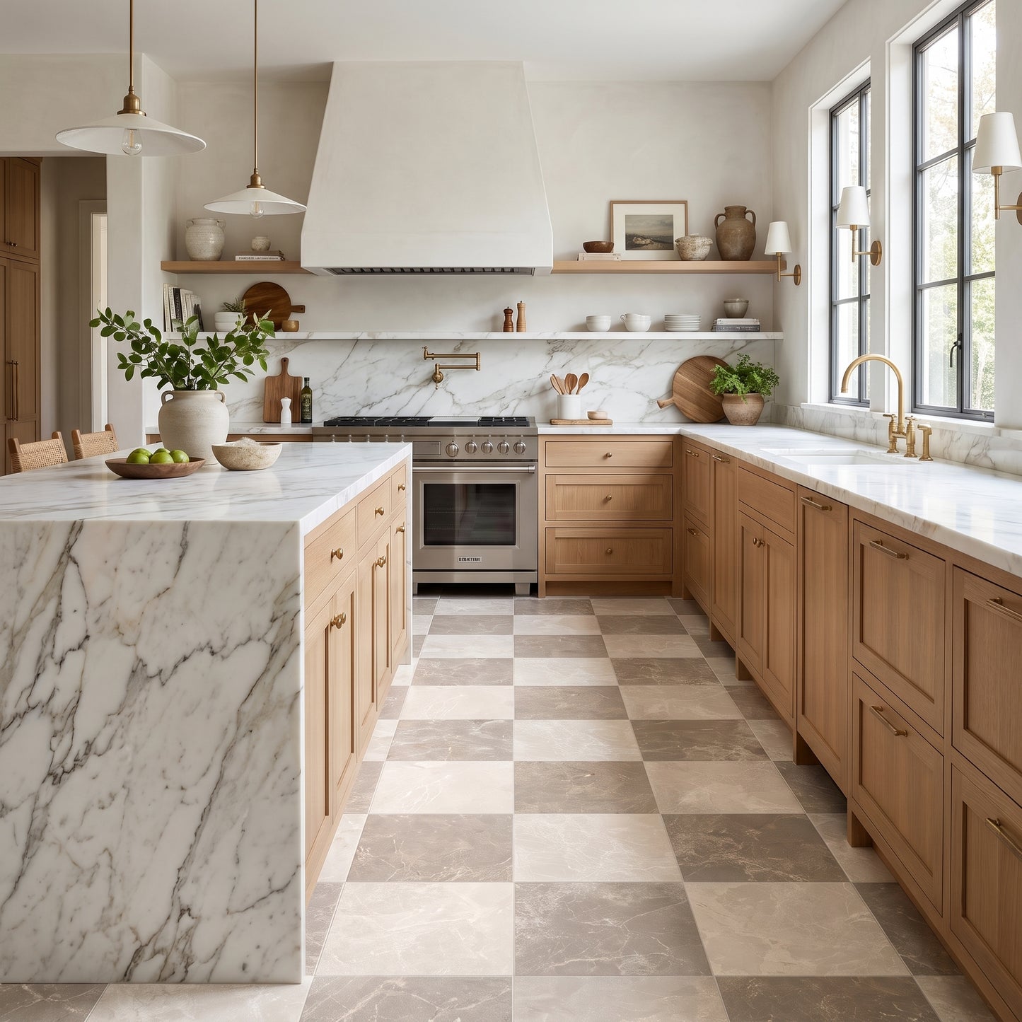 A bright, modern kitchen with light oak wood cabinetry, white marble countertops and backsplash, a large white range hood, and a beige-and-white checkered tile floor.