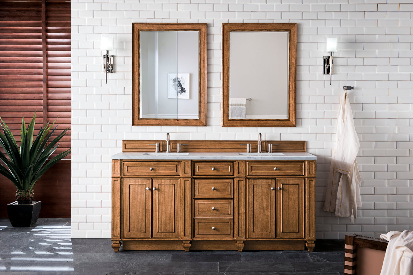 Bristol 72" Double Vanity, Saddle Brown w/ 3 CM Carrara Marble Top