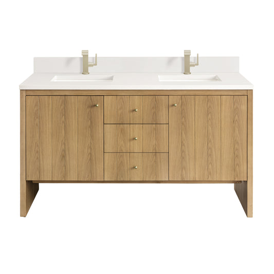 Hudson 60" Double Vanity, Light Natural Oak w/ Single Hole 3 CM White Zeus Top & Backsplash
