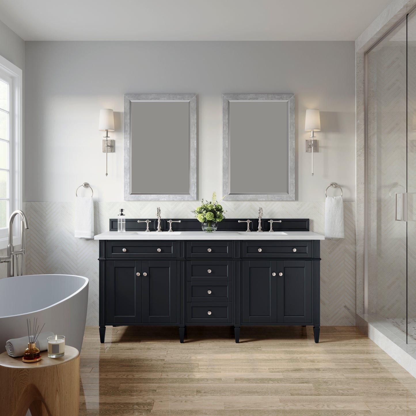Brittany 72" Double Vanity, Black Onyx w/ 3 CM White Zeus Silestone Top