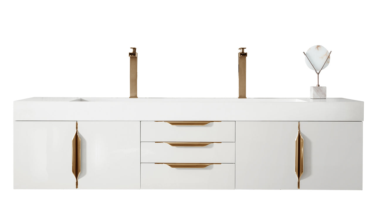 Columbia 72" Double Wall Mount Vanity, Glossy White, Radiant Gold w/ Glossy White Composite Stone Top