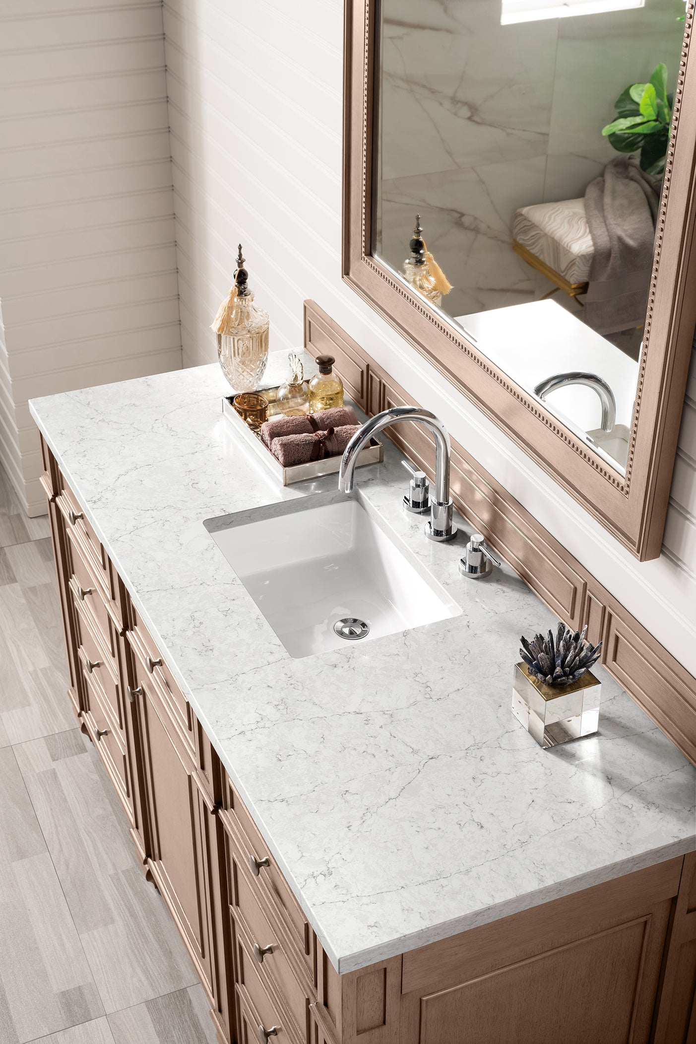 Bristol 60" Single Vanity, Whitewashed Walnut w/ 3 CM Eternal Jasmine Pearl Silestone Top