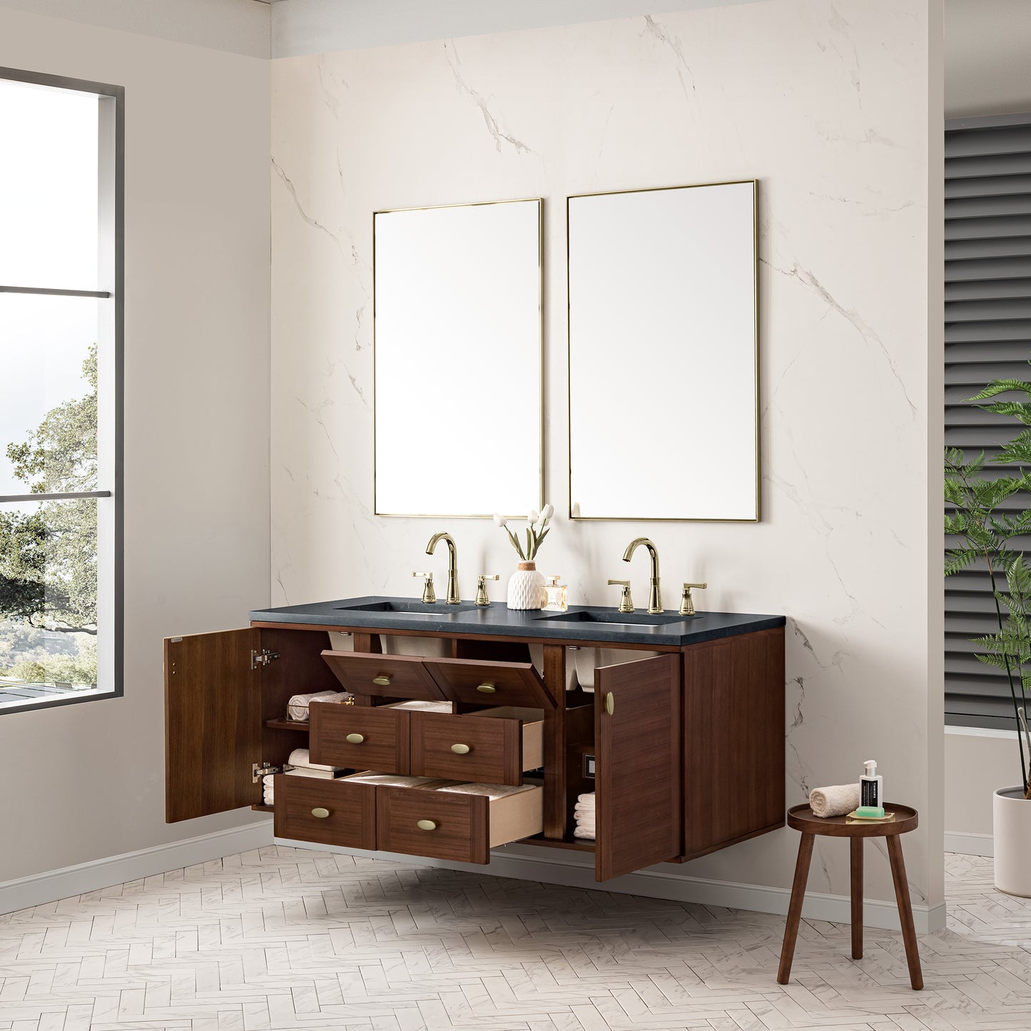 Amberly 60" Double Vanity, Mid-Century Walnut w/ 3 CM Charcoal Soapstone Top