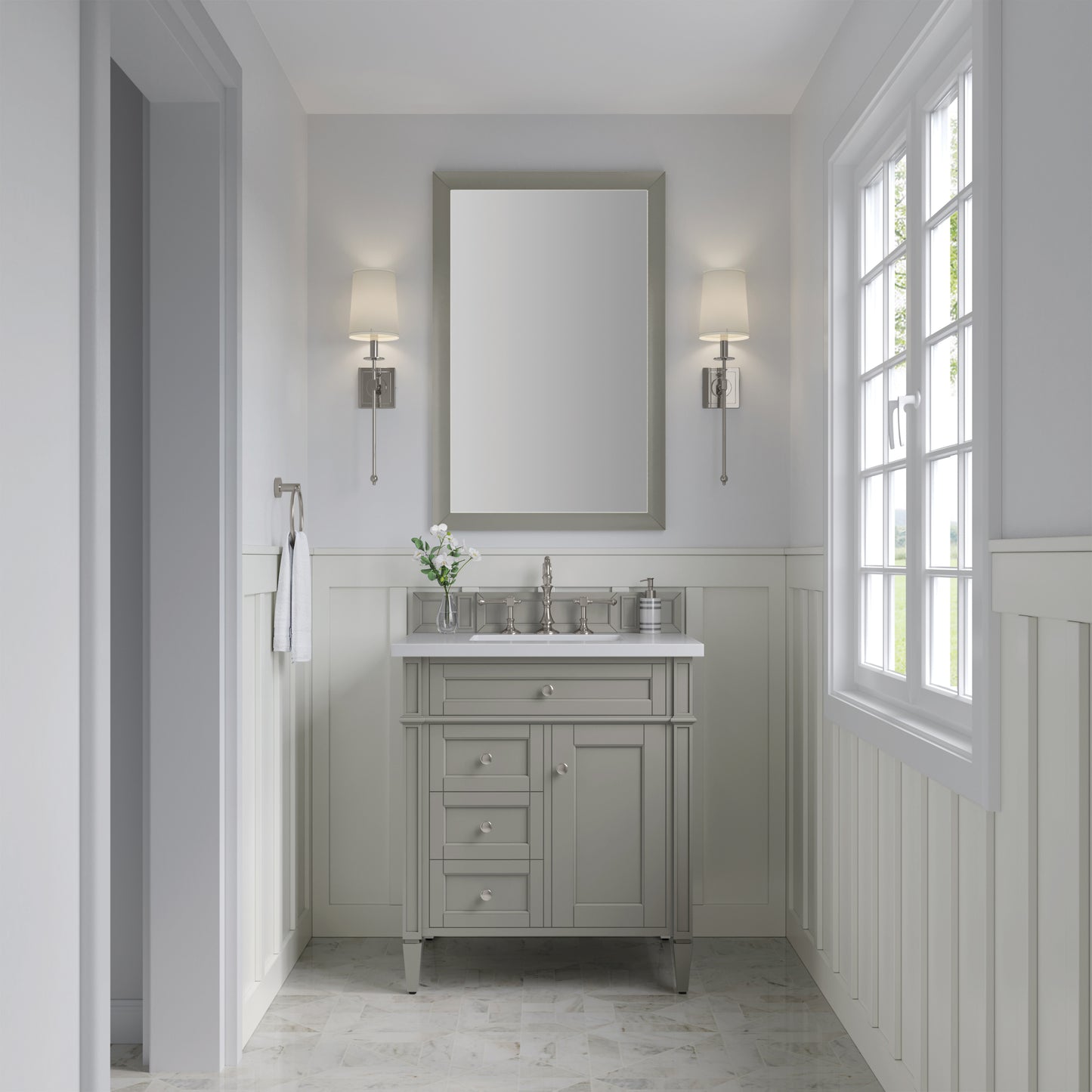 Brittany 30" Single Vanity, Urban Gray, w/ 3 CM White Zeus Silestone Top