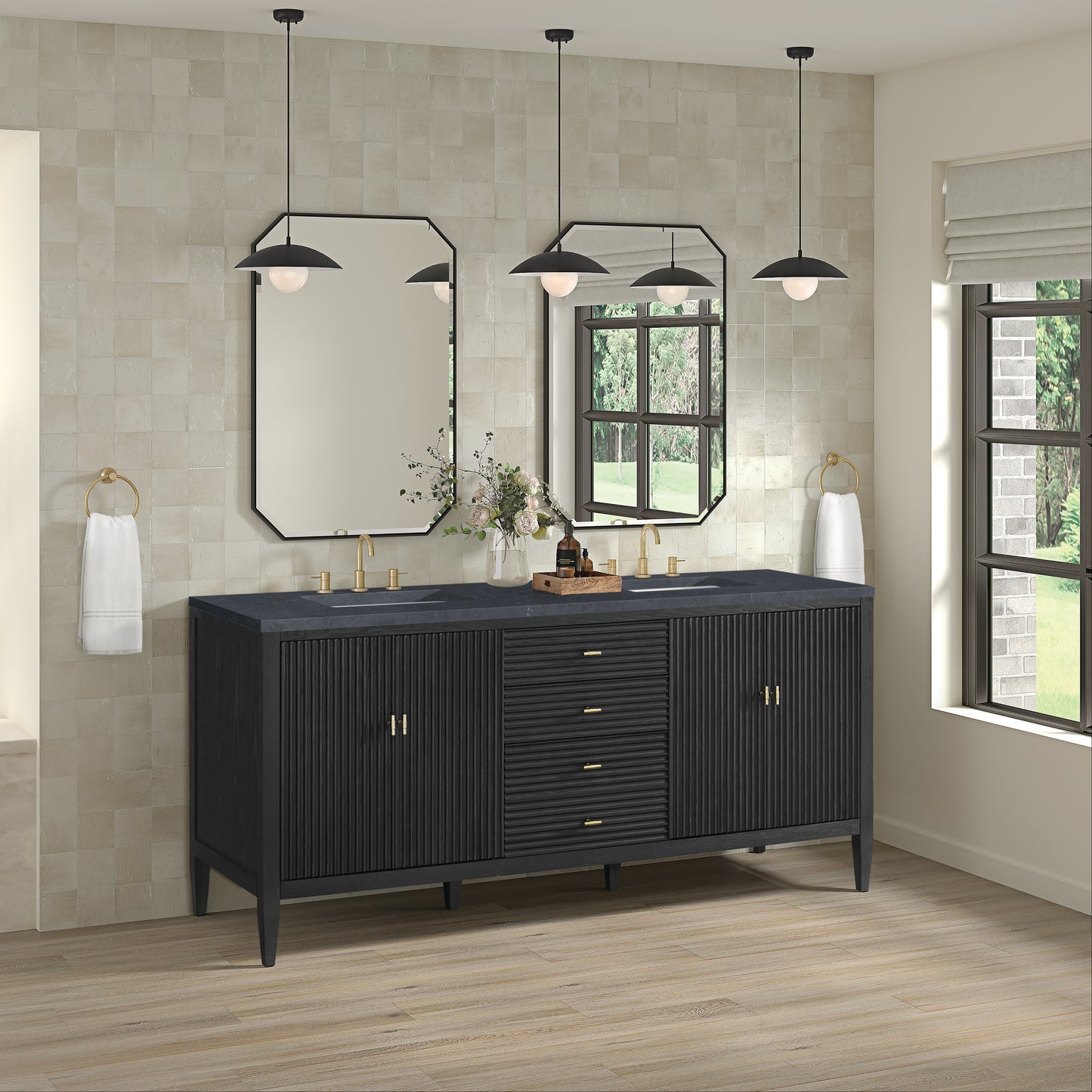 Myrrin 72" Double Vanity, Carbon Oak w/ 3 CM Charcoal Soapstone Silestone Top