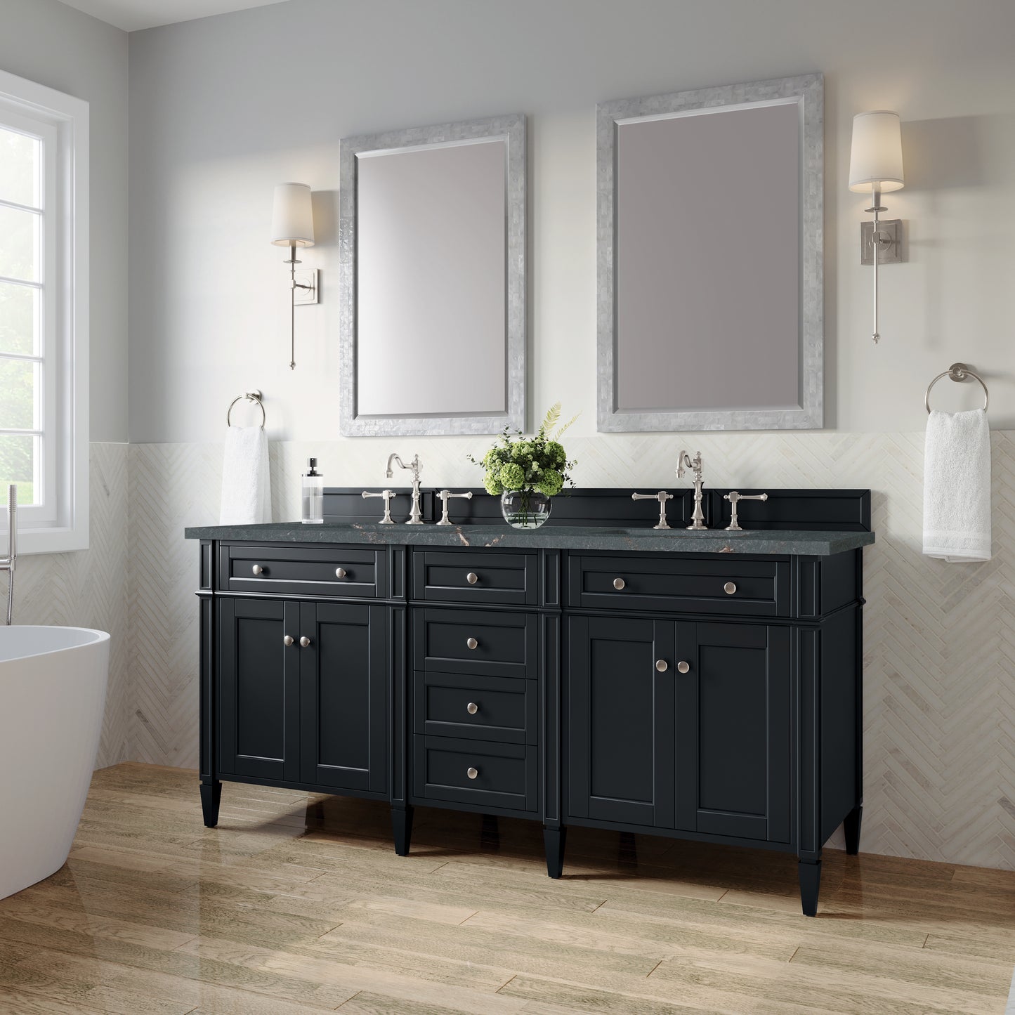 Brittany 72" Double Vanity, Black Onyx w/ 3 CM Parisien Bleu Silestone Top
