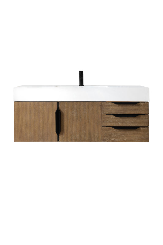 Columbia 48" Single Wall Mount Vanity, Latte Oak, Matte Black w/ Glossy White Composite Stone Top