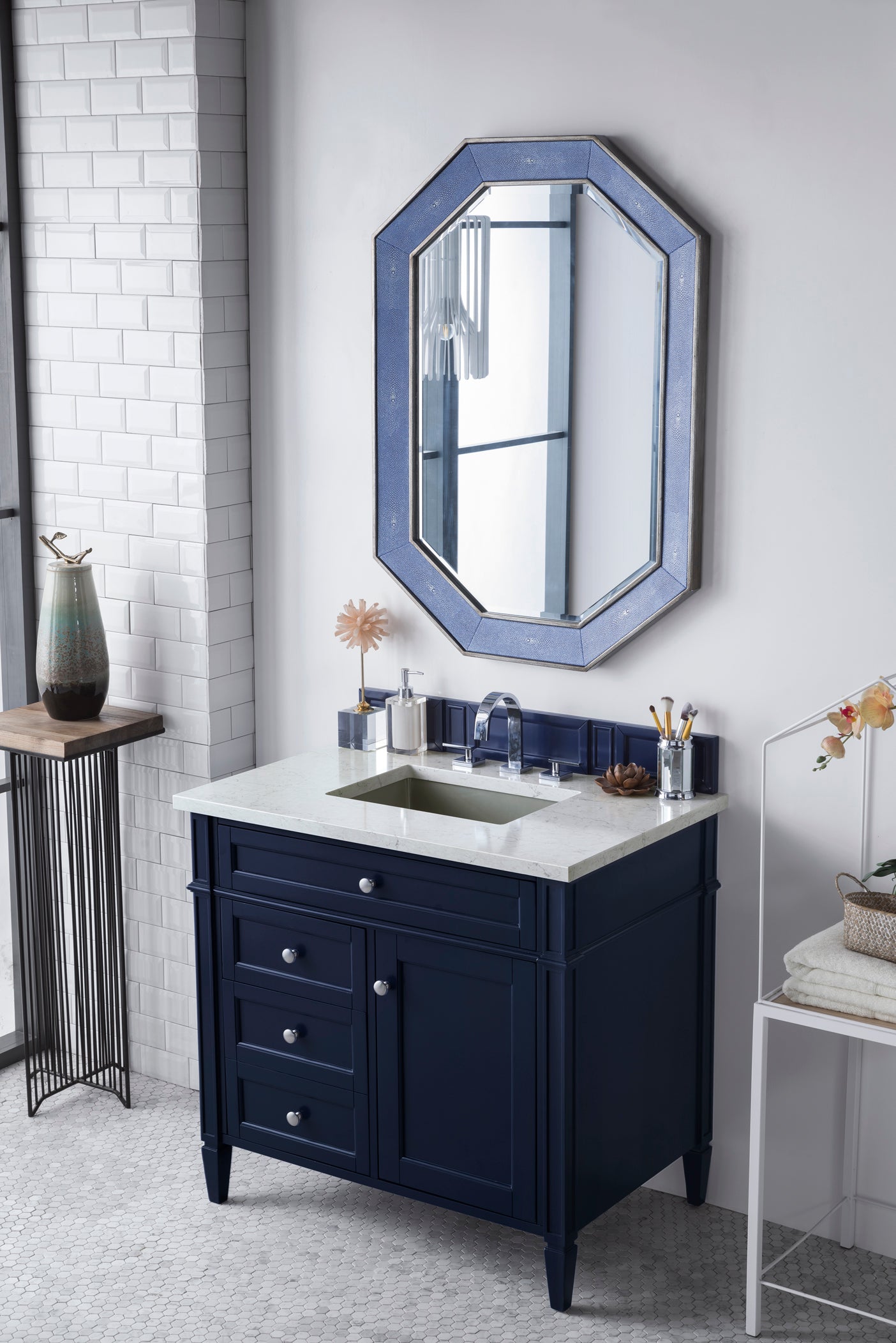 Brittany 36" Single Vanity, Victory Blue w/ 3 CM Eternal Jasmine Pearl Silestone Top