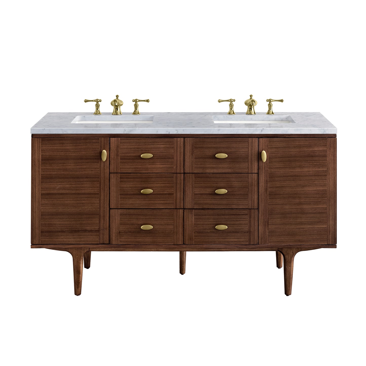 Amberly 60" Double Vanity, Mid-Century Walnut w/ 3 CM Carrara Marble Top