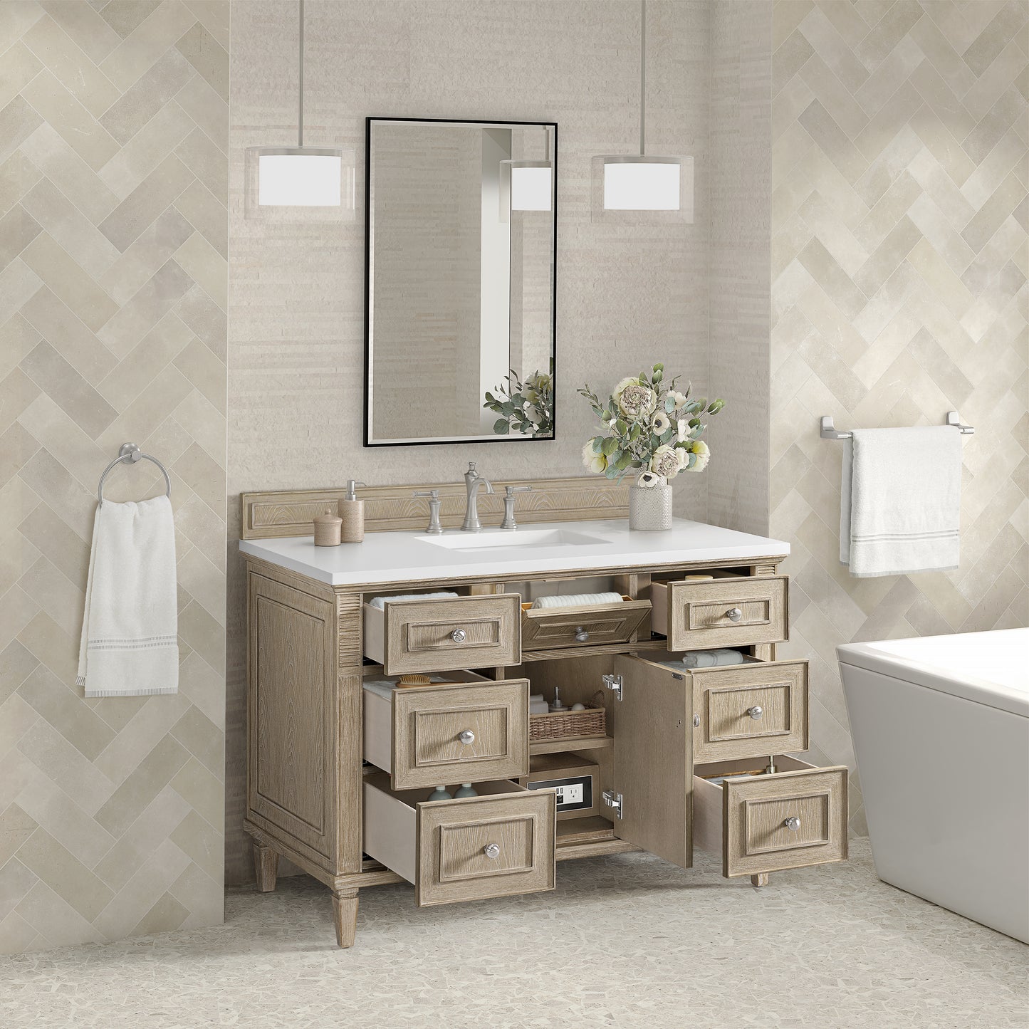 Lorelai 48" Single Vanity, Whitewashed Oak w/ 3 CM White Zeus Silestone Top