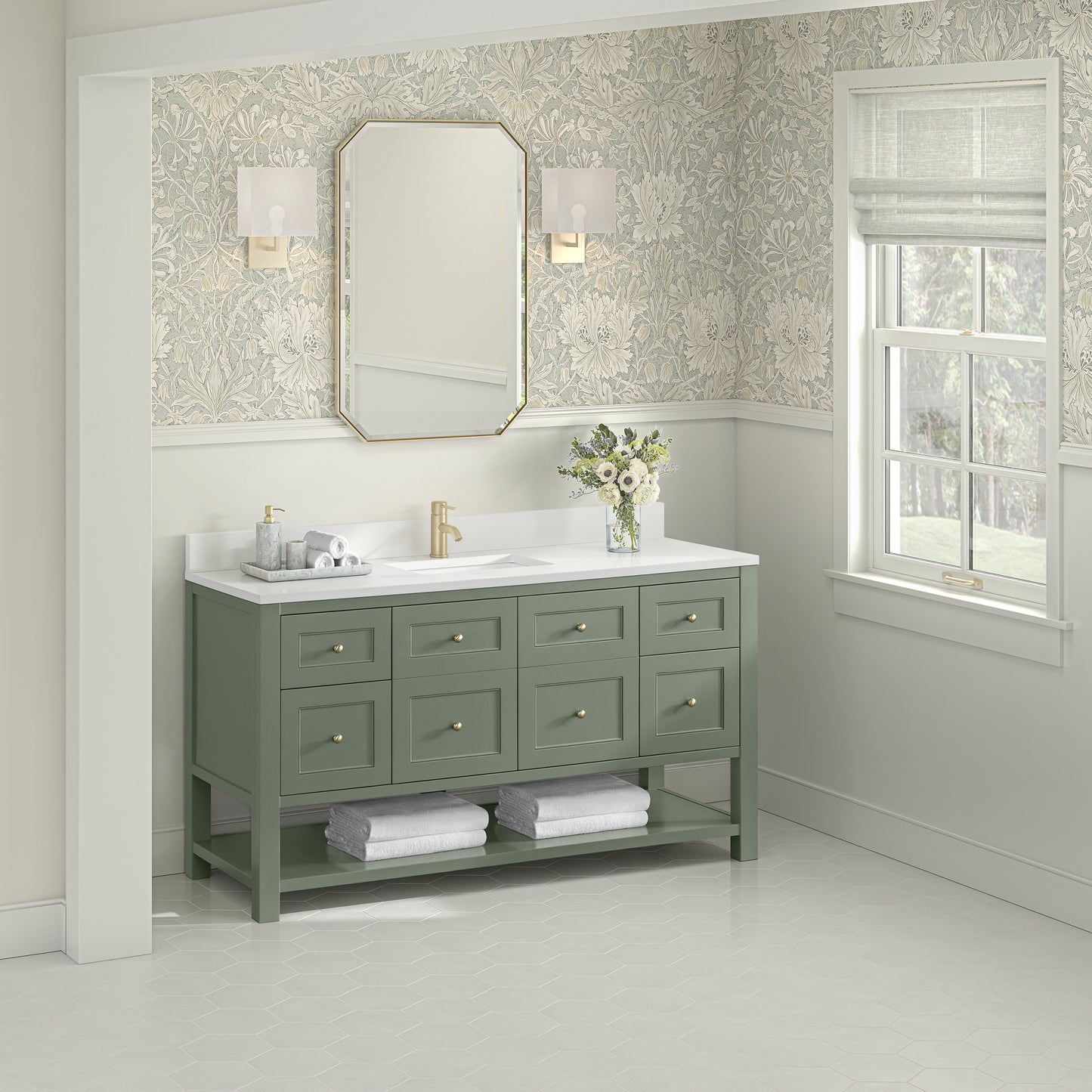 Breckenridge 60" Single Vanity, Smokey Celadon, w/ Single Hole 3 CM White Zeus Quartz Top & Backsplash