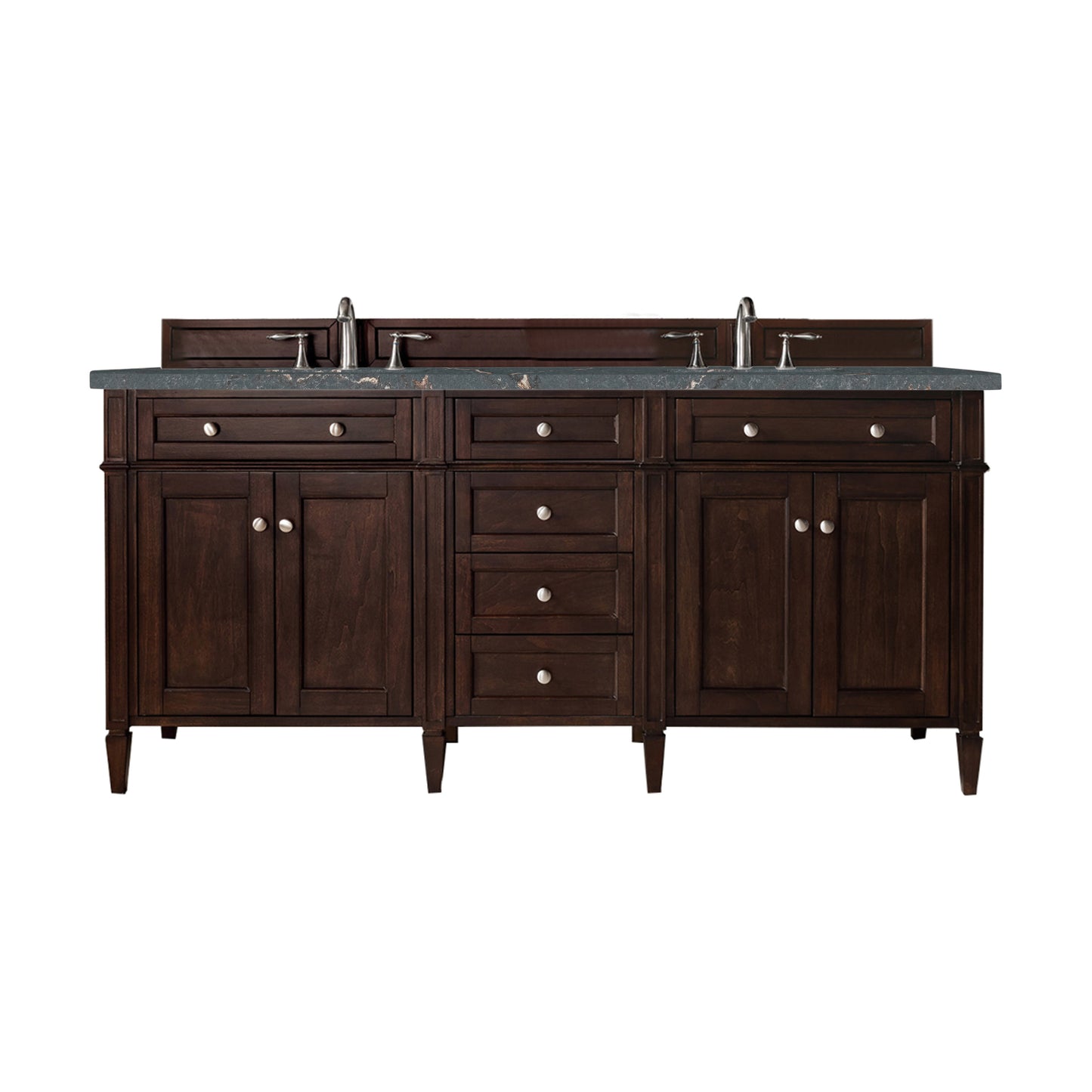 Brittany 72" Double Vanity, Burnished Mahogany w/ 3 CM Parisien Bleu Silestone Top
