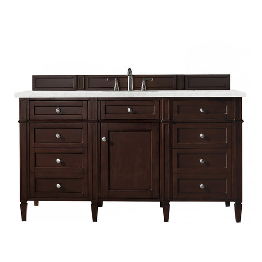Brittany 60" Single Vanity, Burnished Mahogany w/ 3 CM Eternal Jasmine Pearl Silestone Top