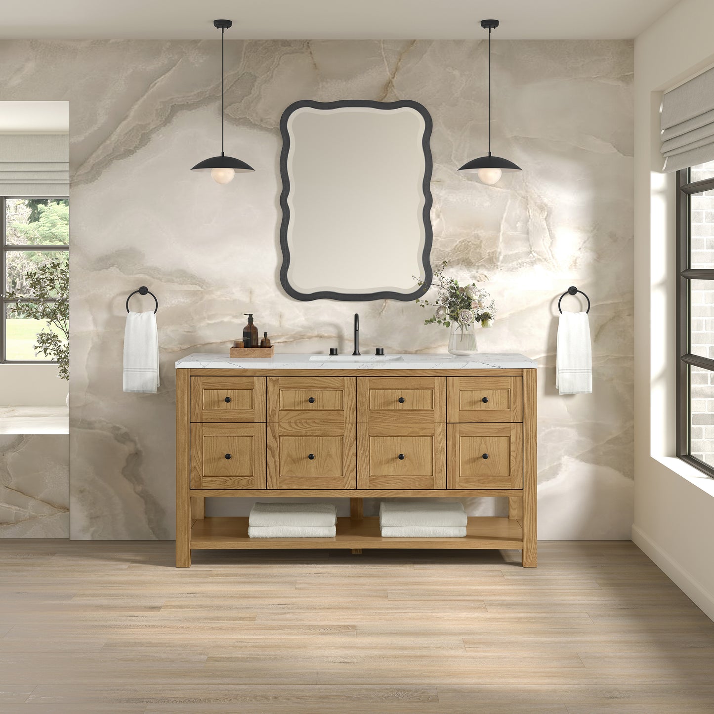 Breckenridge 60" Single Vanity, Light Natural Oak, w/ 3 CM Ethereal Noctis Quartz Top
