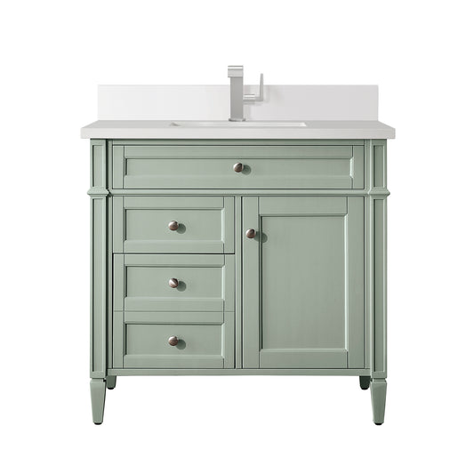 Brittany 36" Single Vanity, Sage Green w/ Single Hole 3 CM White Zeus Silestone Top & Backsplash